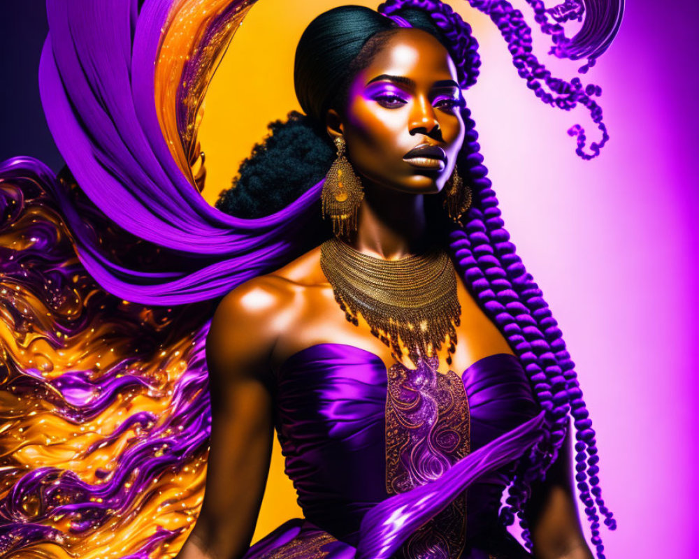 Striking makeup and elegant purple dress on woman with flowing golden liquid hair