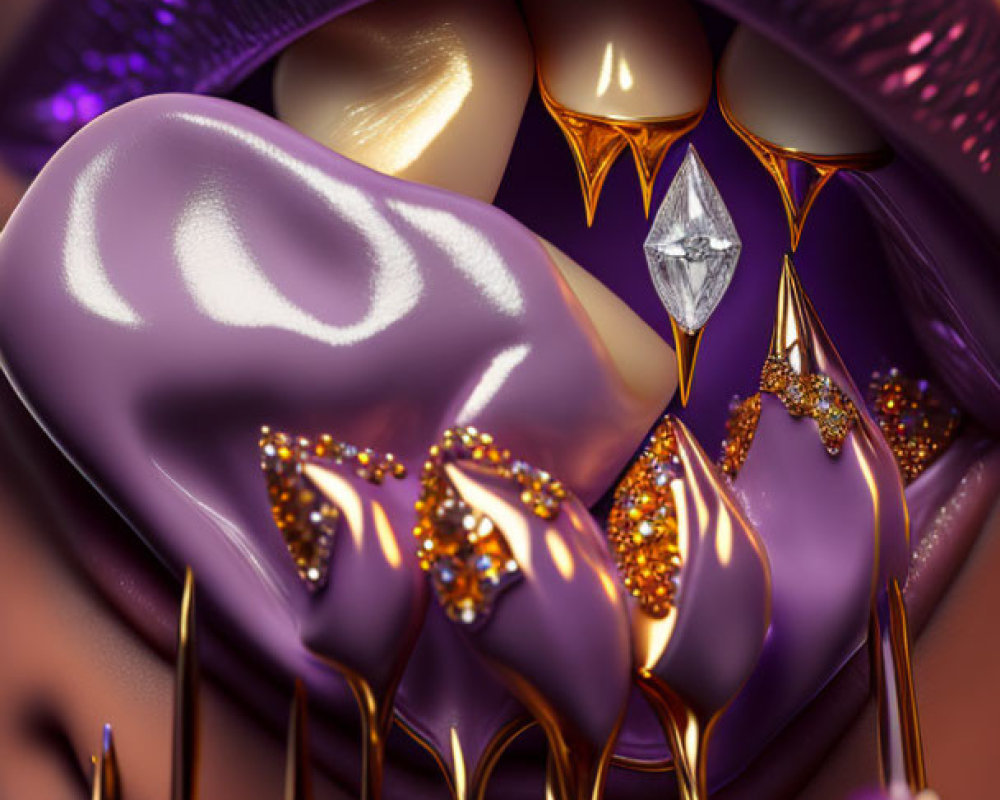 Surreal Artistic Depiction of Lips and Teeth with Purple and Golden Elements