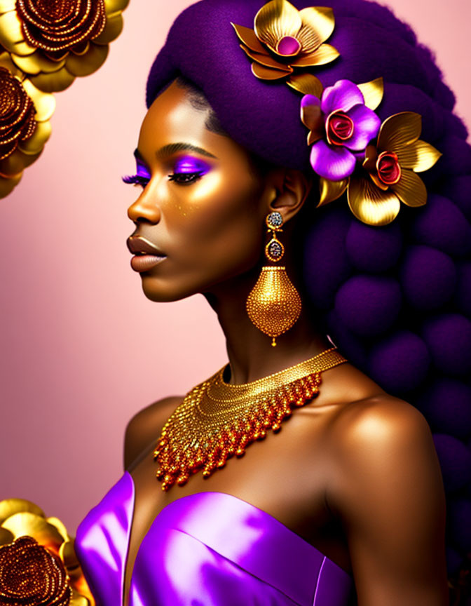 Woman in Golden Jewelry, Purple Headwrap, and Magenta Dress on Floral Background