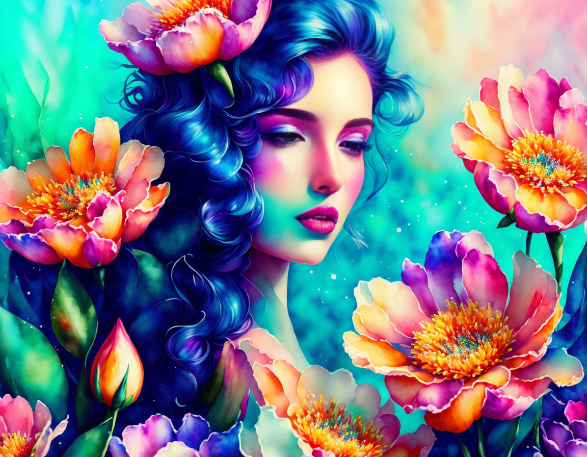 Colorful Illustration: Woman with Blue Hair & Peony Flowers