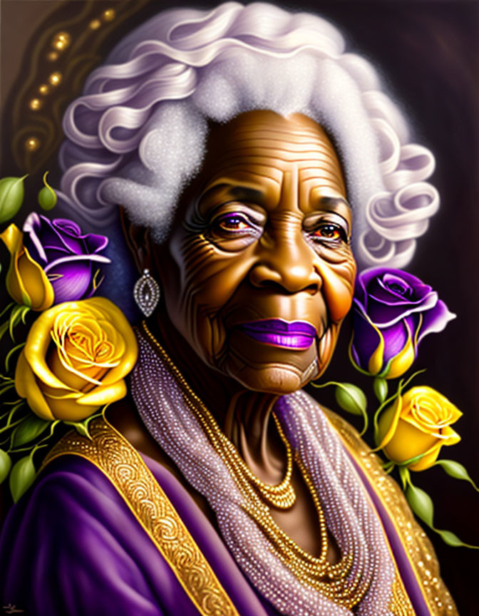 Elderly Woman Portrait with White Hair, Purple Shawl, and Roses