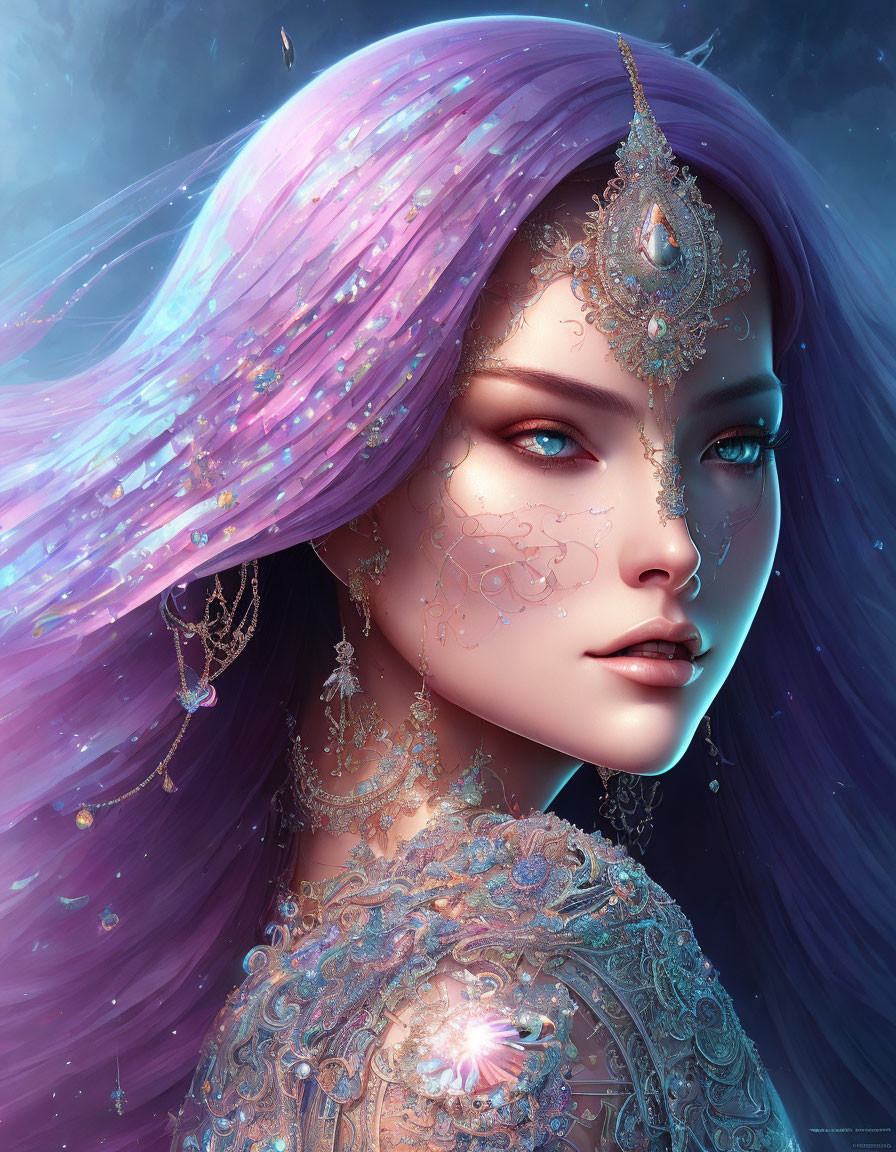 Vibrant Purple Hair Woman in Elaborate Jewelry on Celestial Blue Background