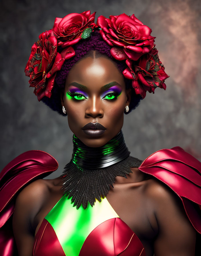 Colorful makeup and rose headpiece on woman in glossy dress against textured backdrop