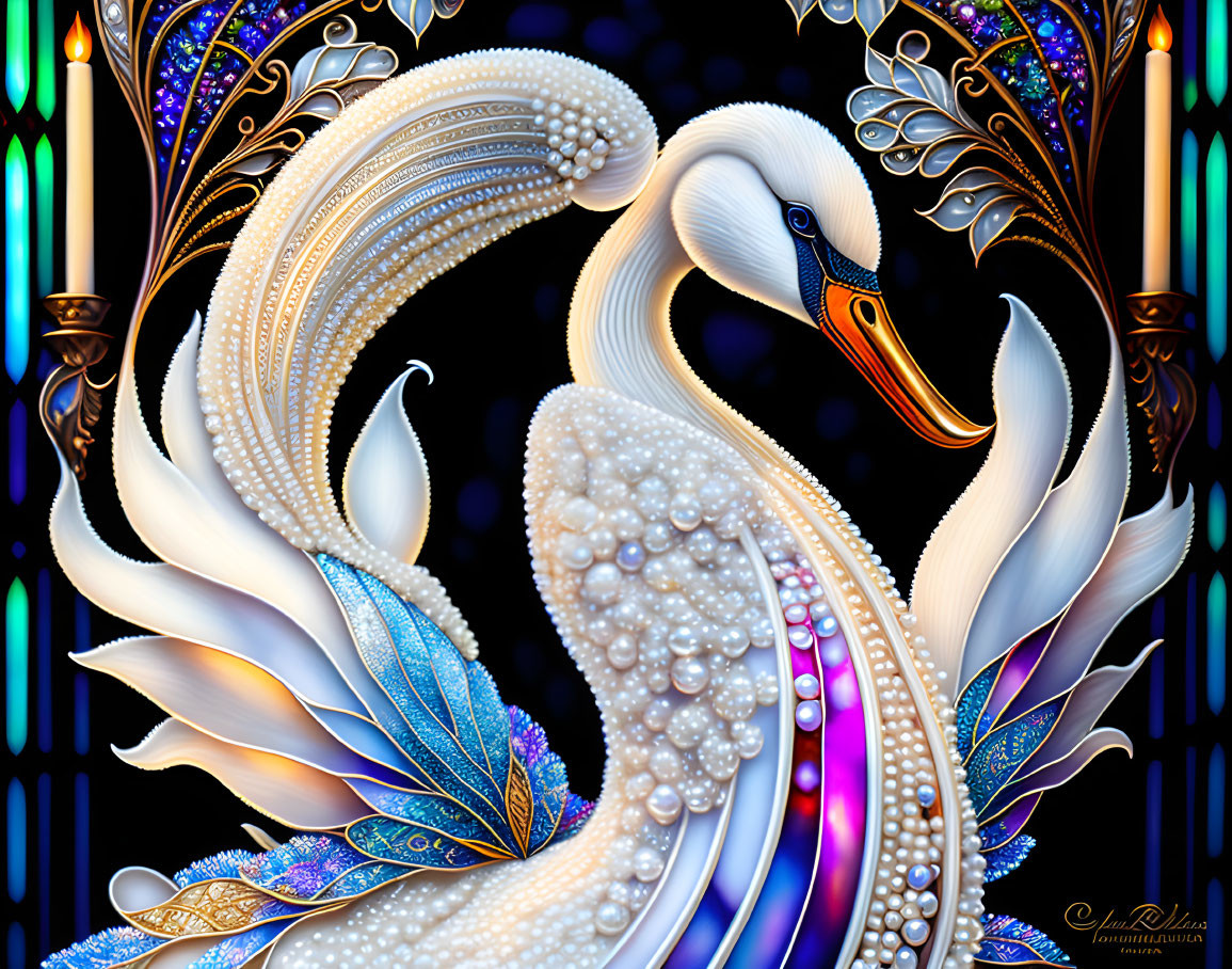 Elegant swan illustration with ornate feathers and jewel tones