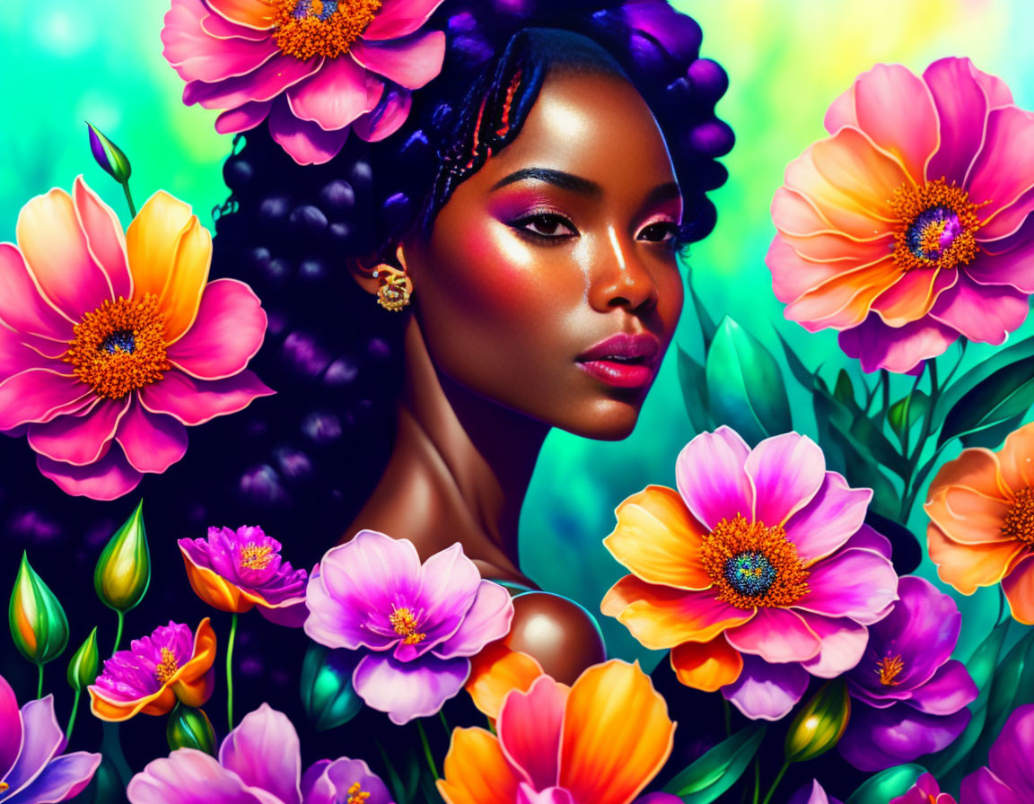 Colorful illustration of woman with striking makeup and flowers.