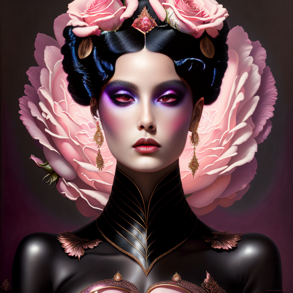 Woman with stylized makeup and rose-adorned hair in elegant fantasy illustration