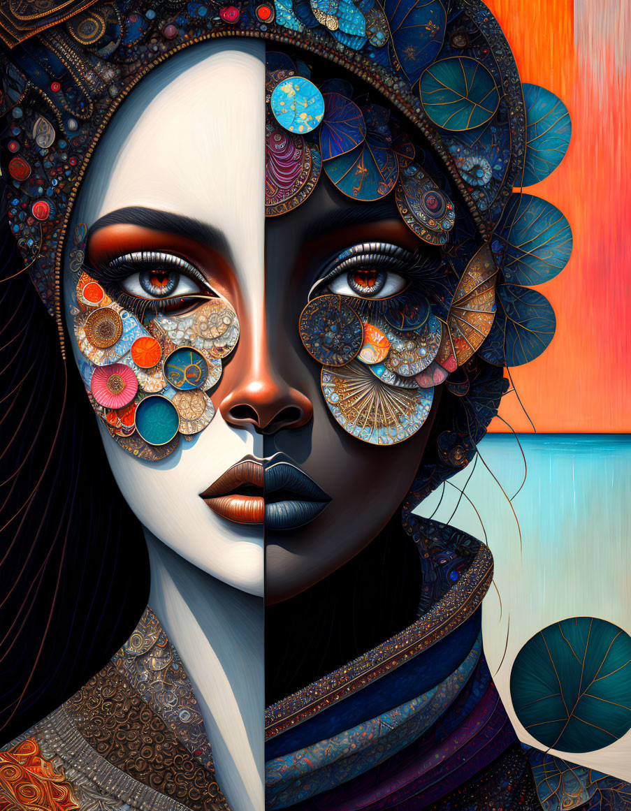 Colorful digital artwork of woman with patterned face in warm and cool tones.