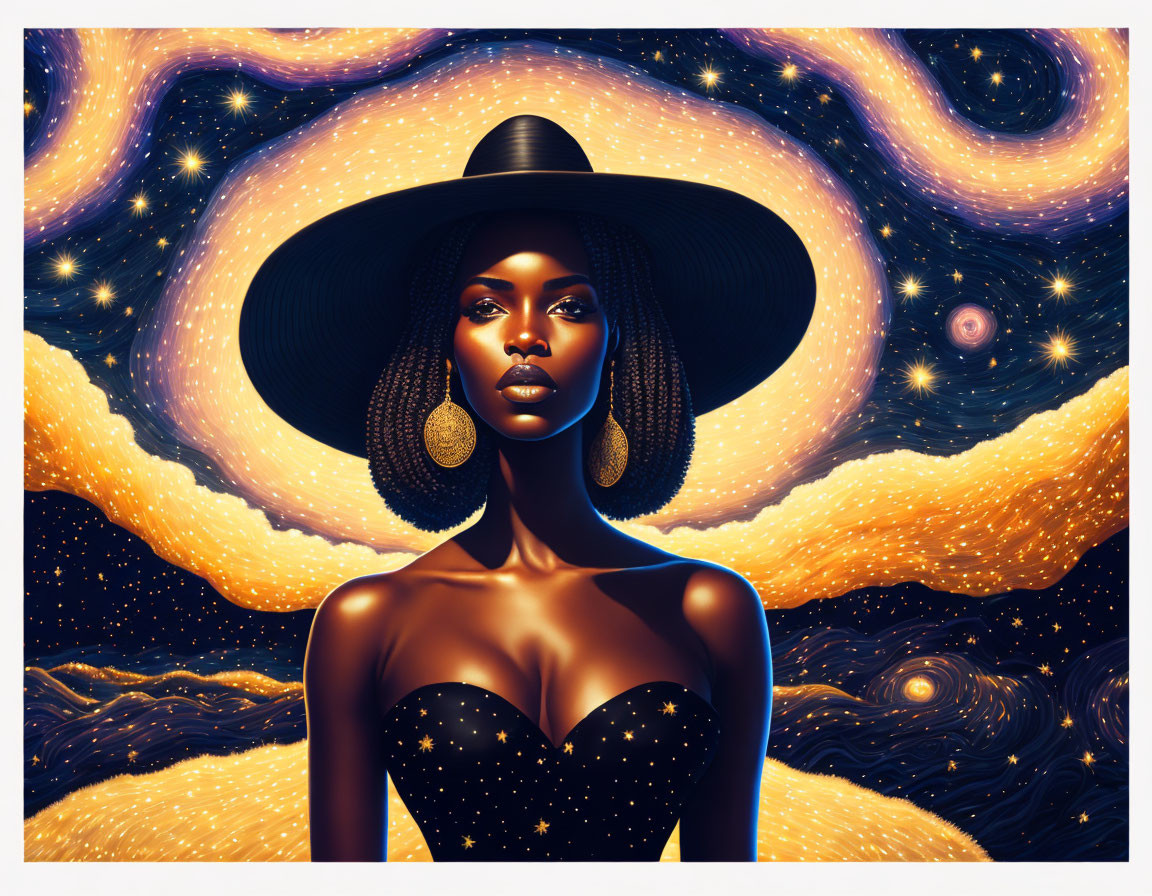 Stylized portrait of woman in wide-brimmed hat against cosmic background