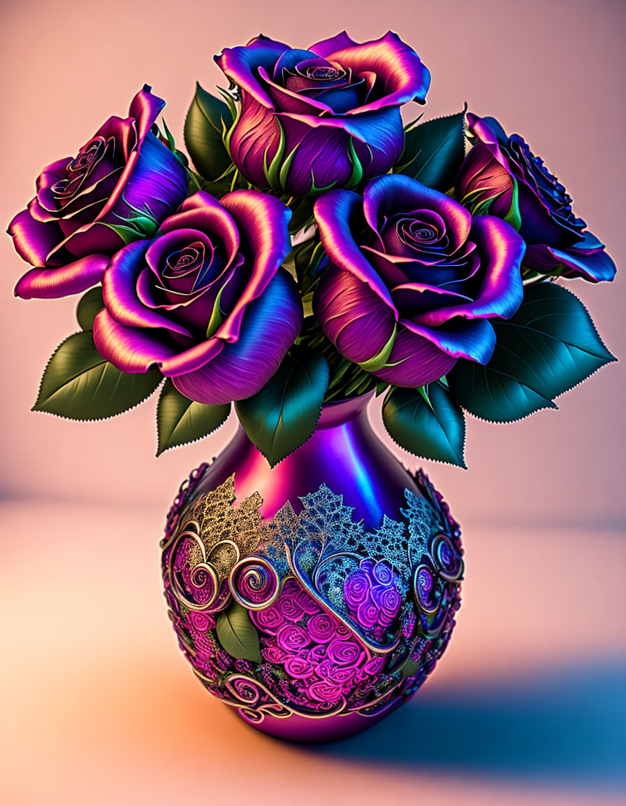 Metallic purple and blue rose bouquet in ornate pink and gold vase