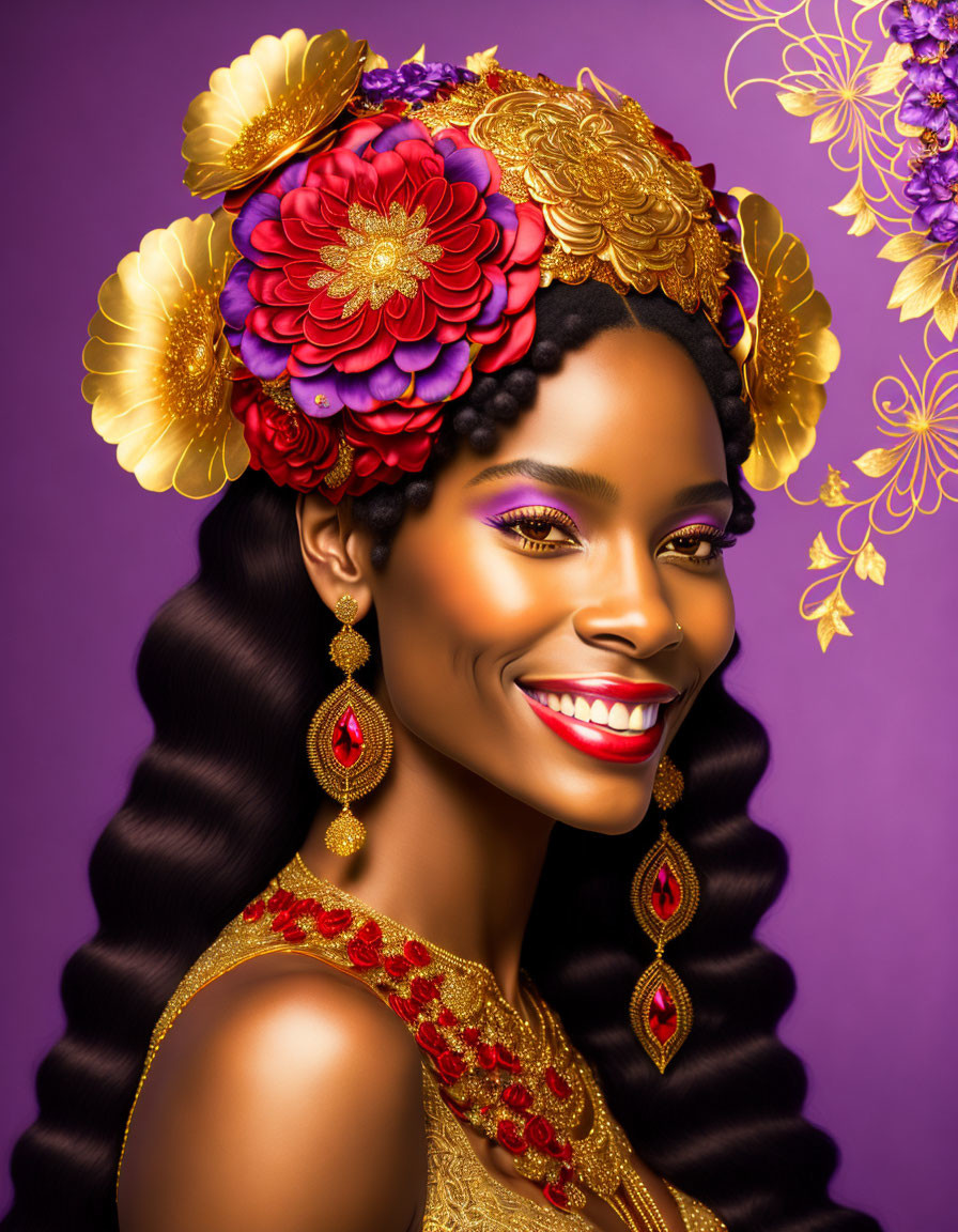 Smiling woman portrait with floral headpiece, gold jewelry, purple eyeshadow