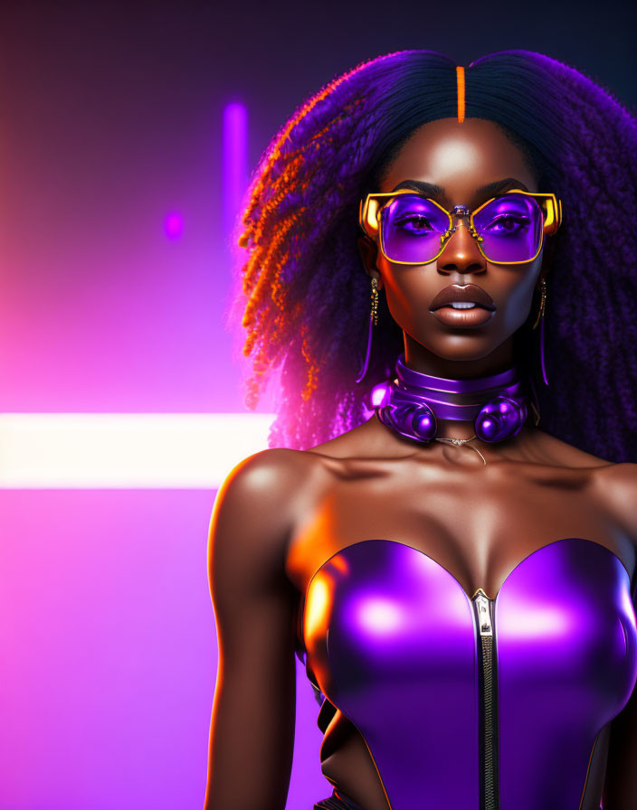 3D illustration of woman with purple afro hair and yellow glasses in metallic bodysuit