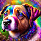 Stylized dog illustration with golden glasses and jewelry on vibrant background