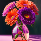 Colorful Bouquet of Roses and Purple Flower in Pink Vase on Dark Background