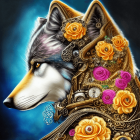 Illustration of two wolves with golden details and flowers on galaxy backdrop