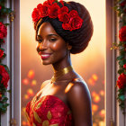 Smiling woman with floral hairstyle and golden choker in purple dress surrounded by roses