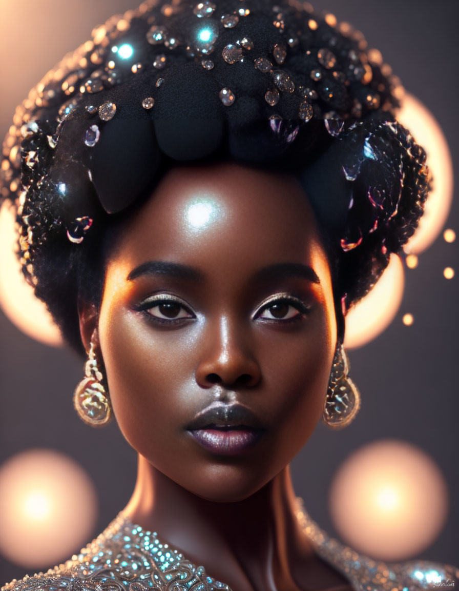 Portrait of woman with striking features in bejeweled headpiece and earrings against soft glowing lights