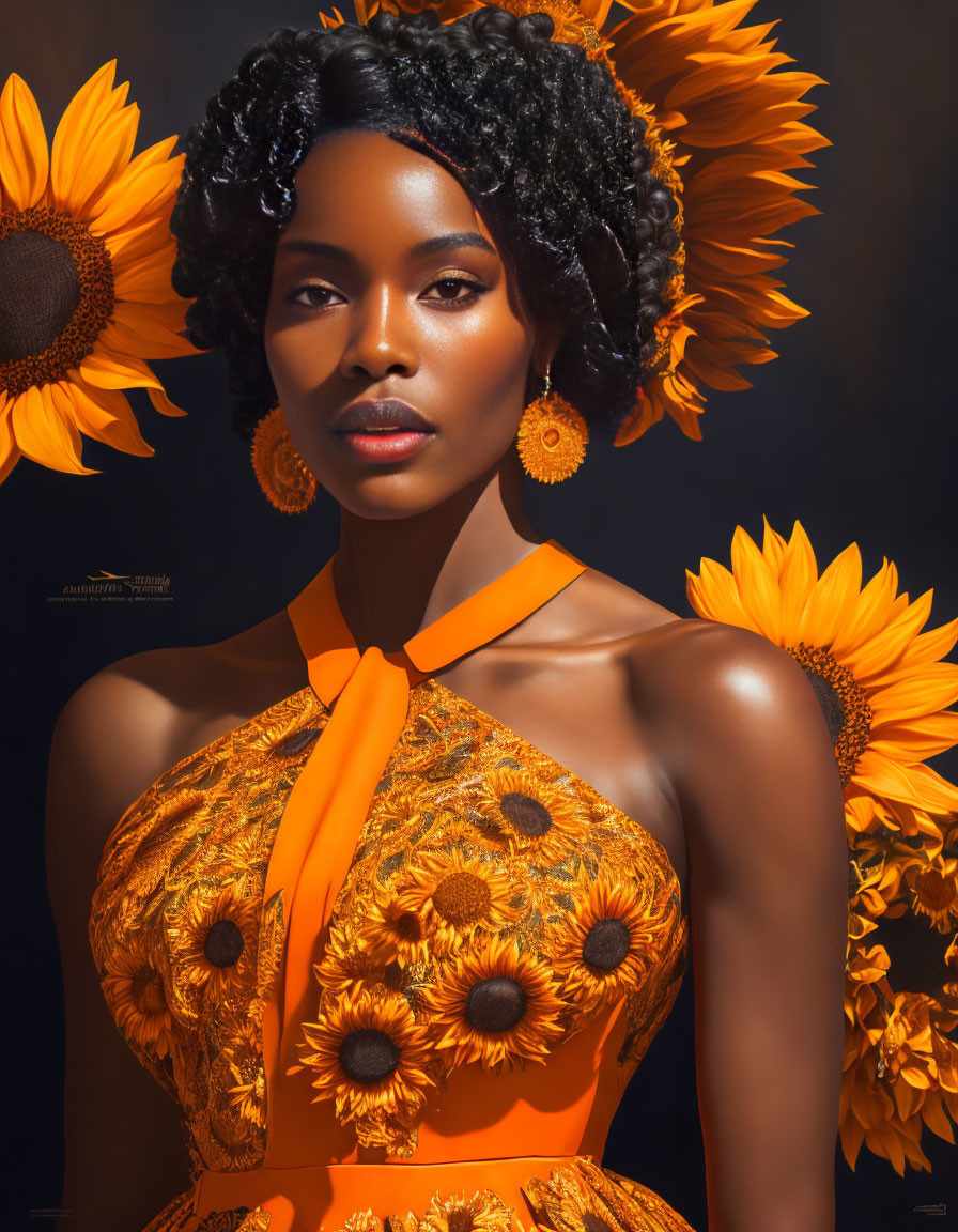 Woman in sunflower-themed attire with earrings against dark background and sunflowers.