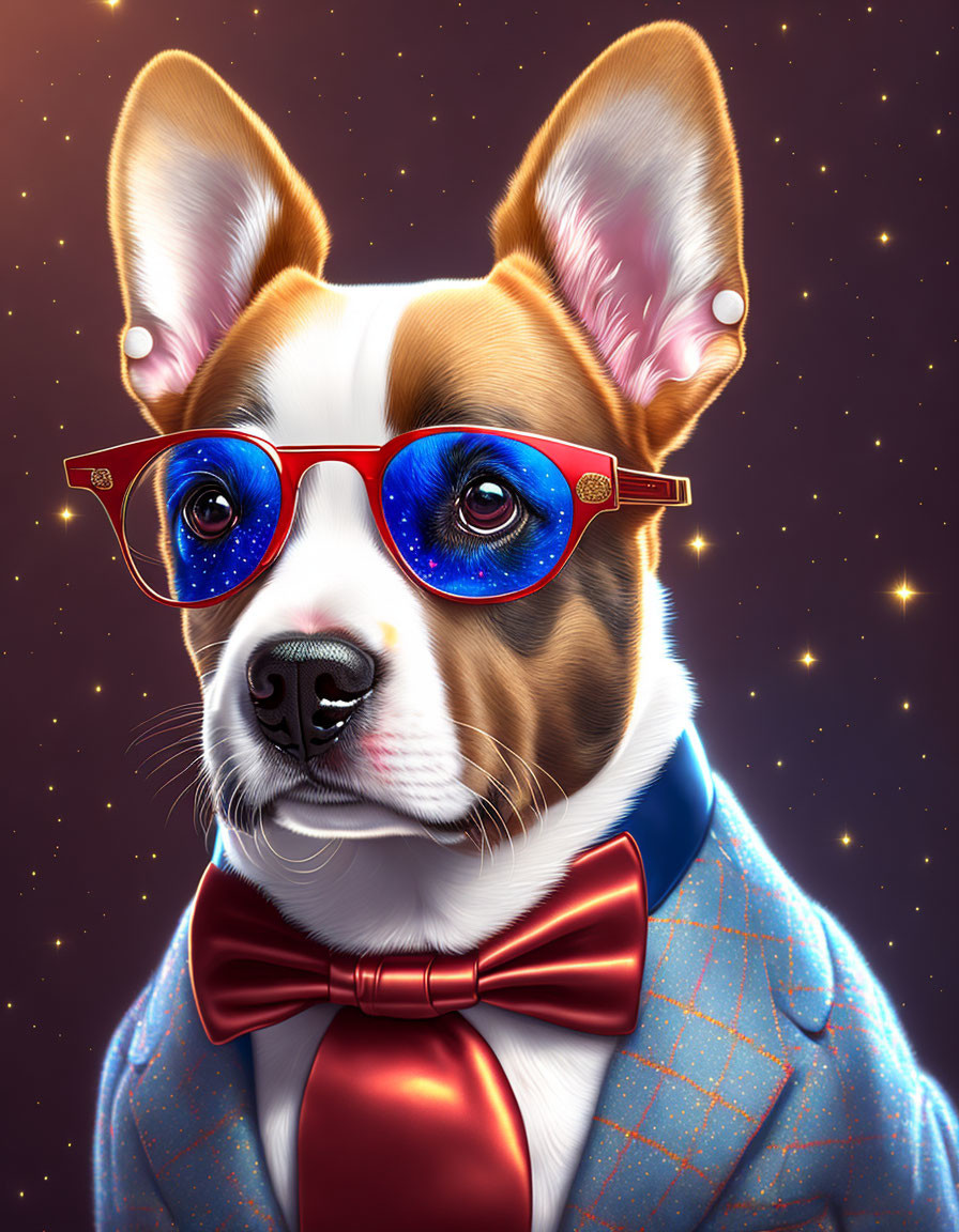 Illustration of dog in suit, bow tie, glasses with cosmic pattern