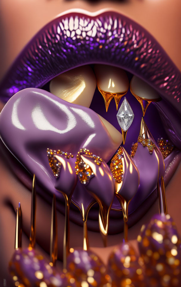 Surreal Artistic Depiction of Lips and Teeth with Purple and Golden Elements