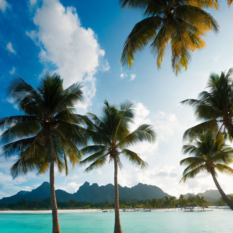 Scenic tropical beach with palm trees, blue sky, and mountains