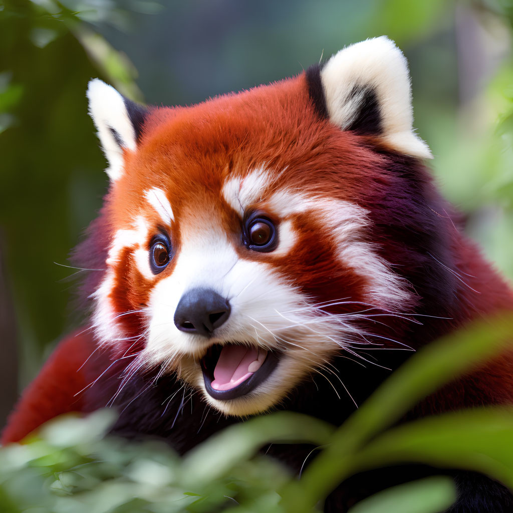 Red panda with rich red fur and white facial markings in green foliage