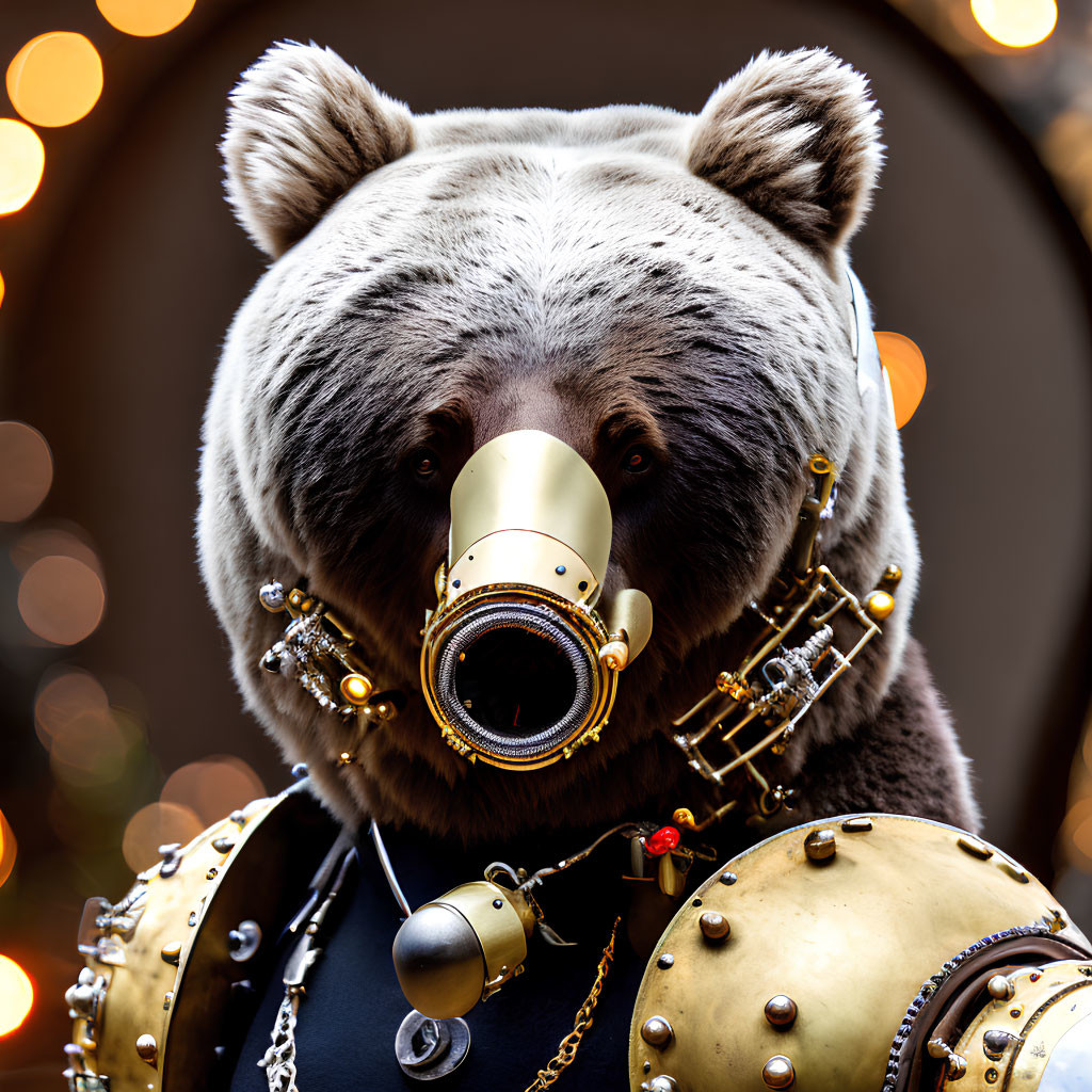 Steampunk-inspired bear with brass mask and armor on bokeh light background