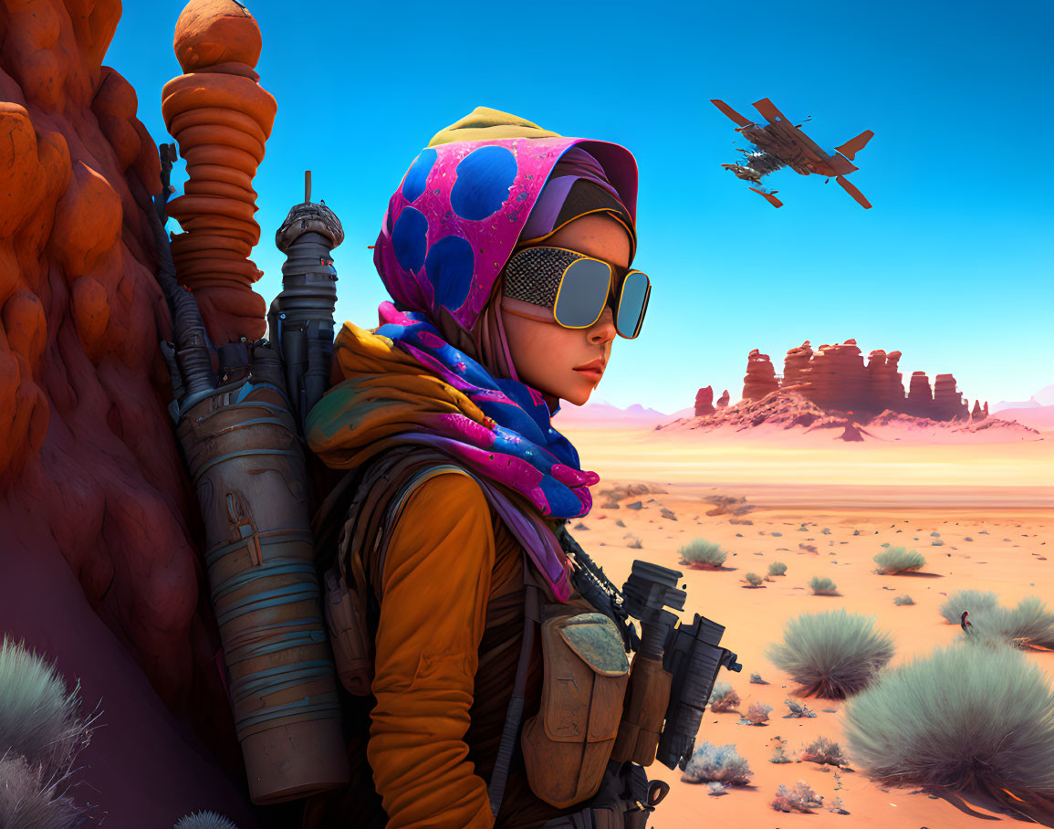 Female explorer with jetpack in desert gazes at plane in sky