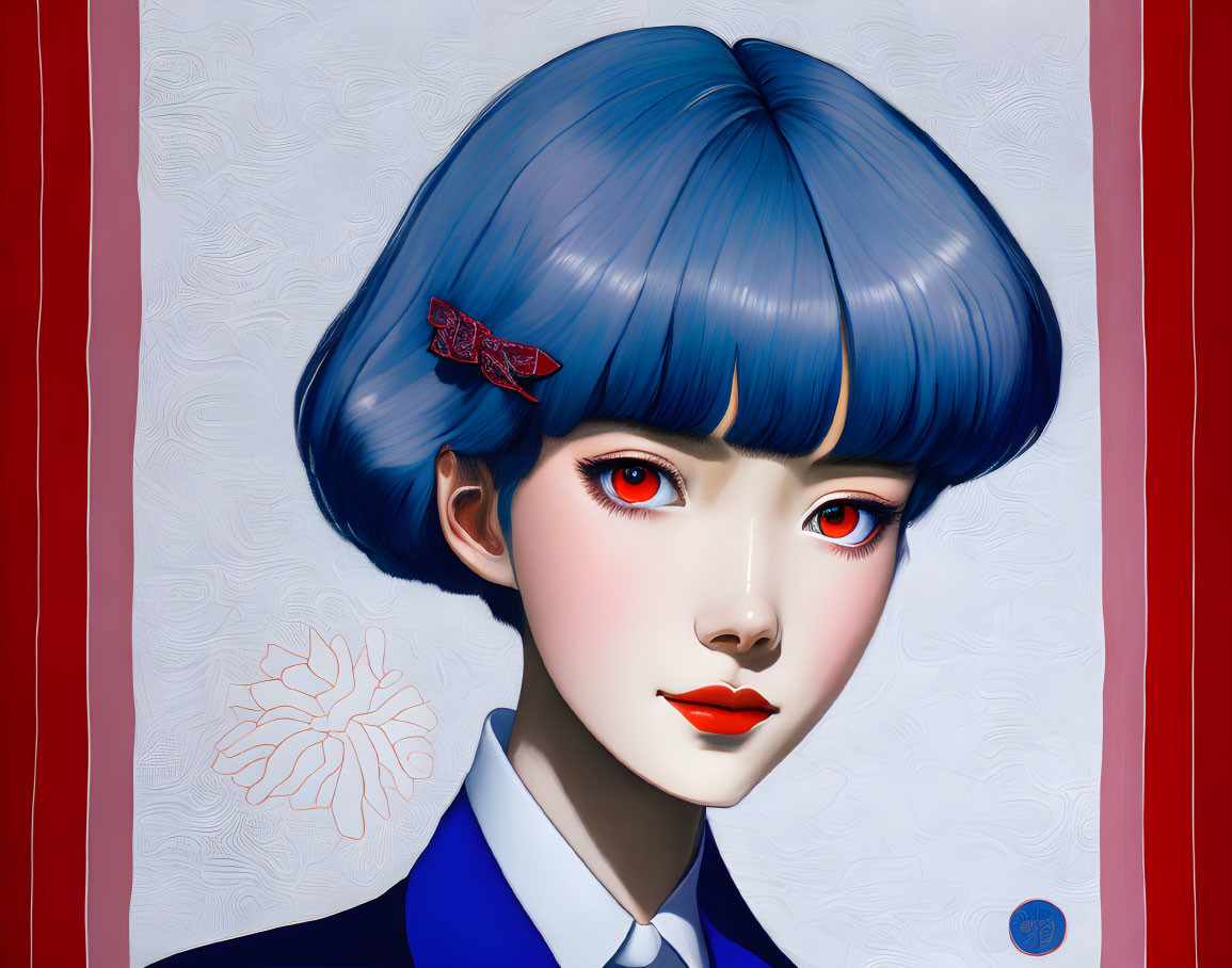 Stylized female illustration with blue hair, red eyes, lips, and hair clip on floral background