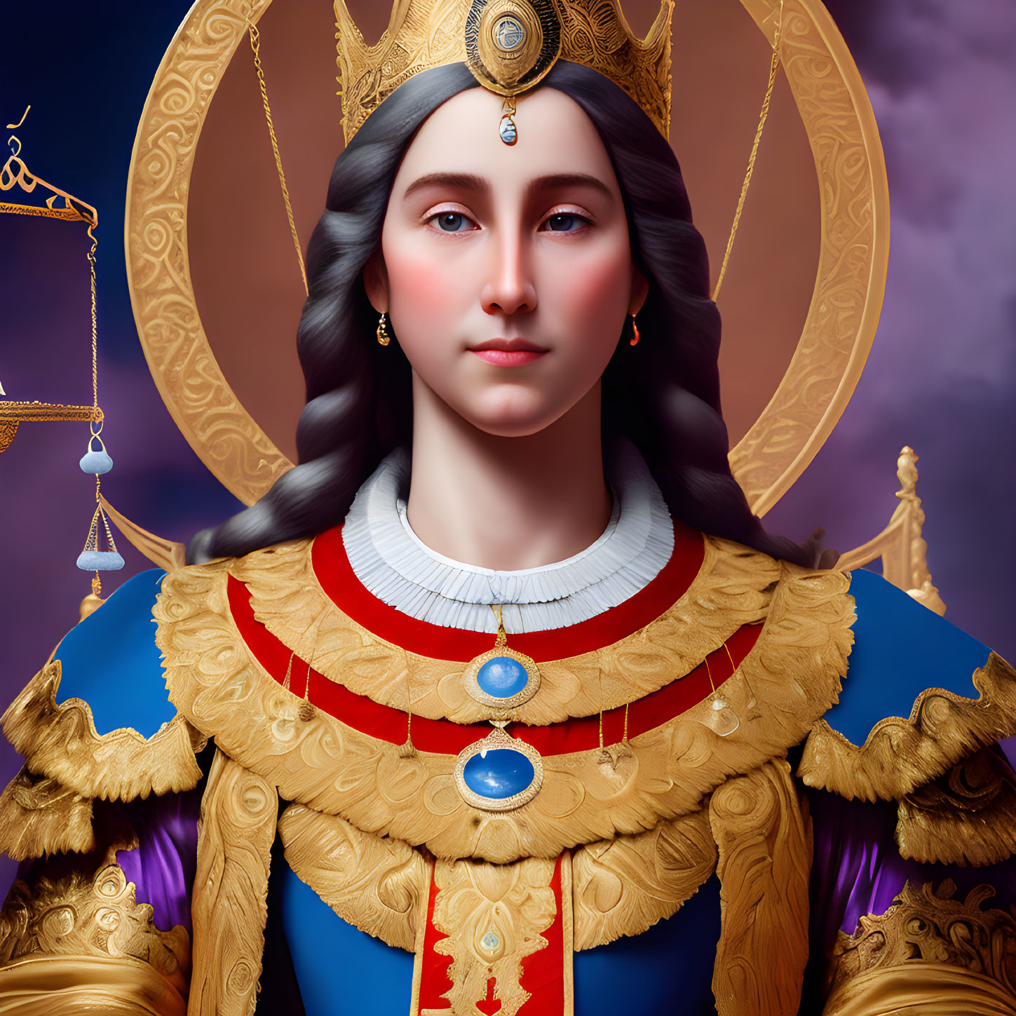 Digital Artwork: Woman in Regal Attire with Halo, Crown, and Scales Symbol