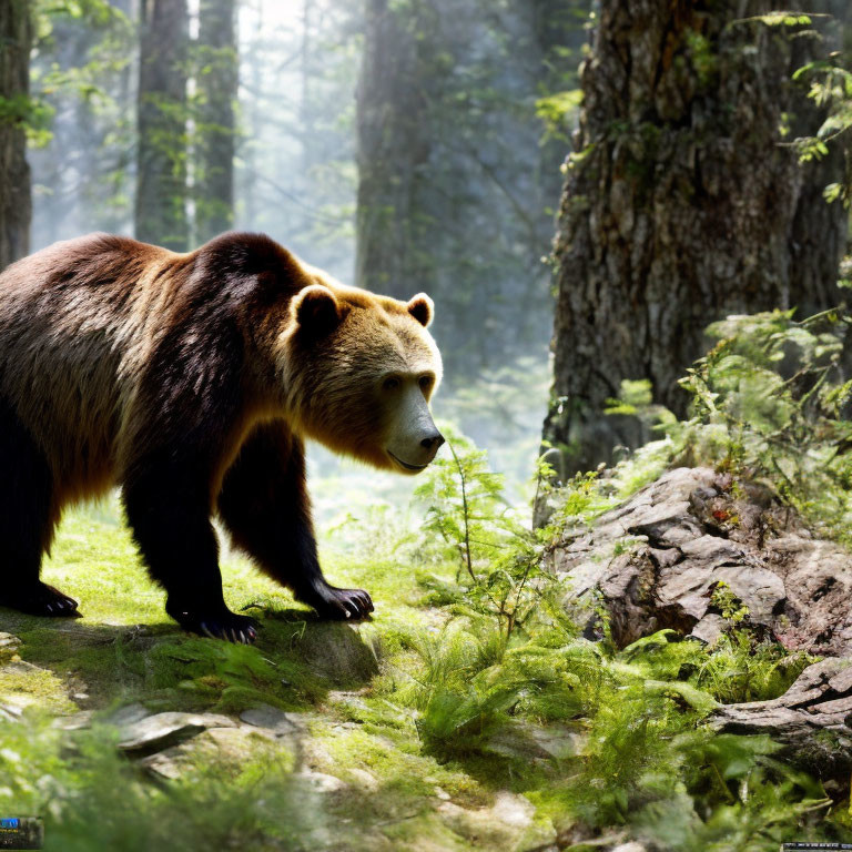 Brown Bear Walking in Sunlit Forest with Fallen Tree Trunk