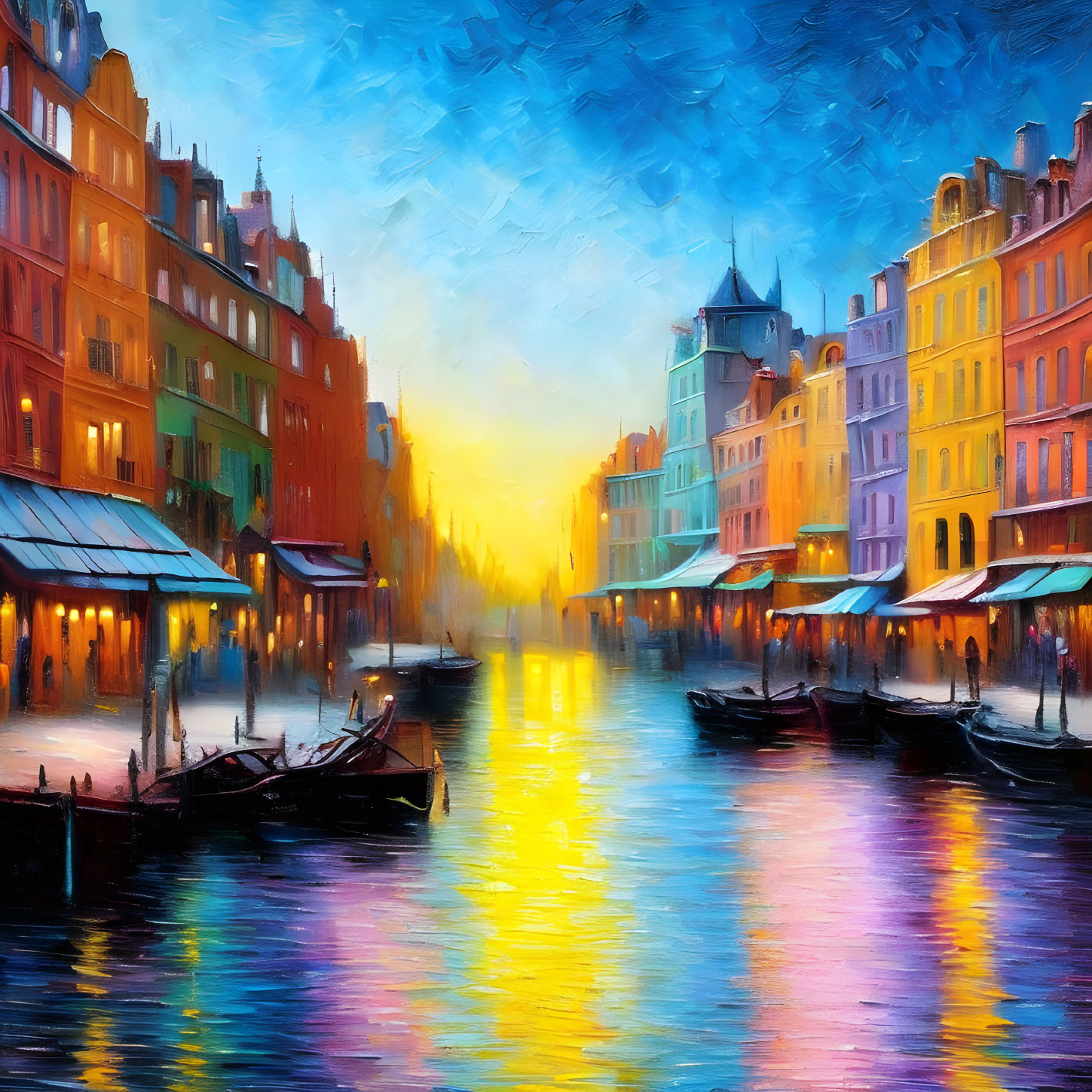 Colorful Cityscape Painting: Buildings, Canal, Sunset Reflections