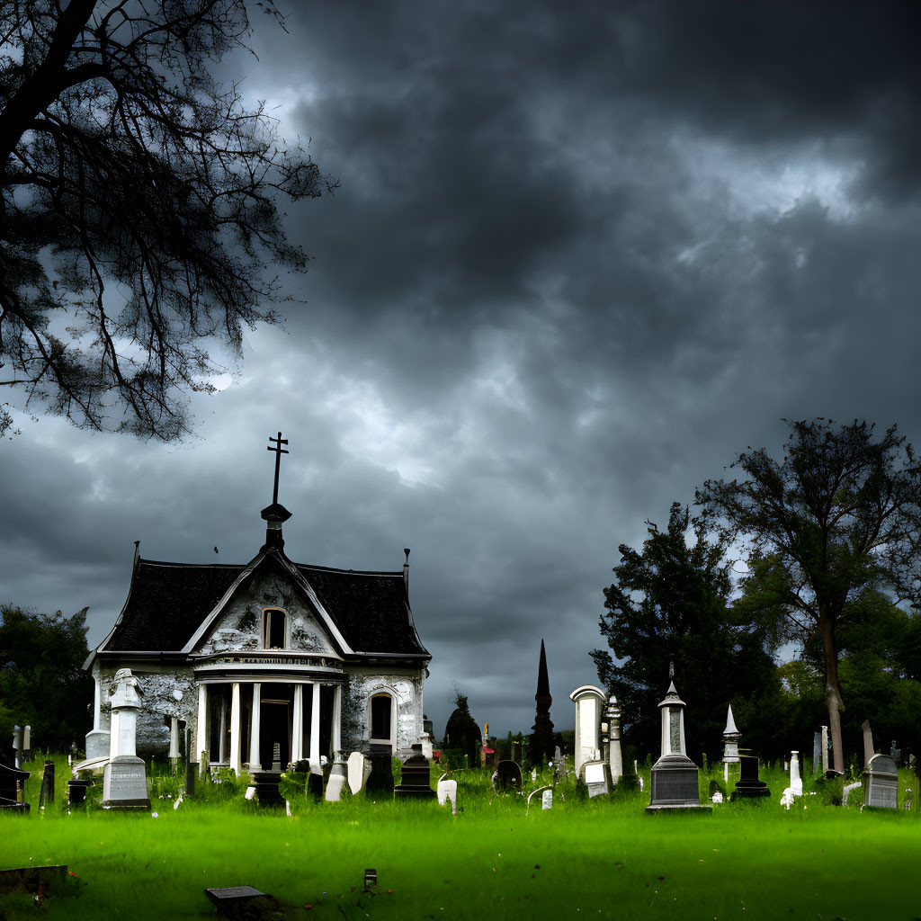 Eerie cemetery scene with old church under menacing sky