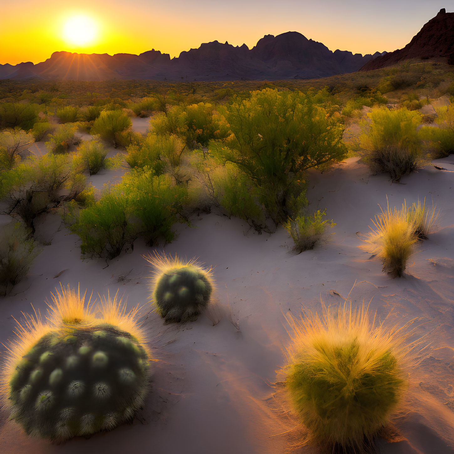 Desert landscape at sunset with cacti and mountain silhouettes