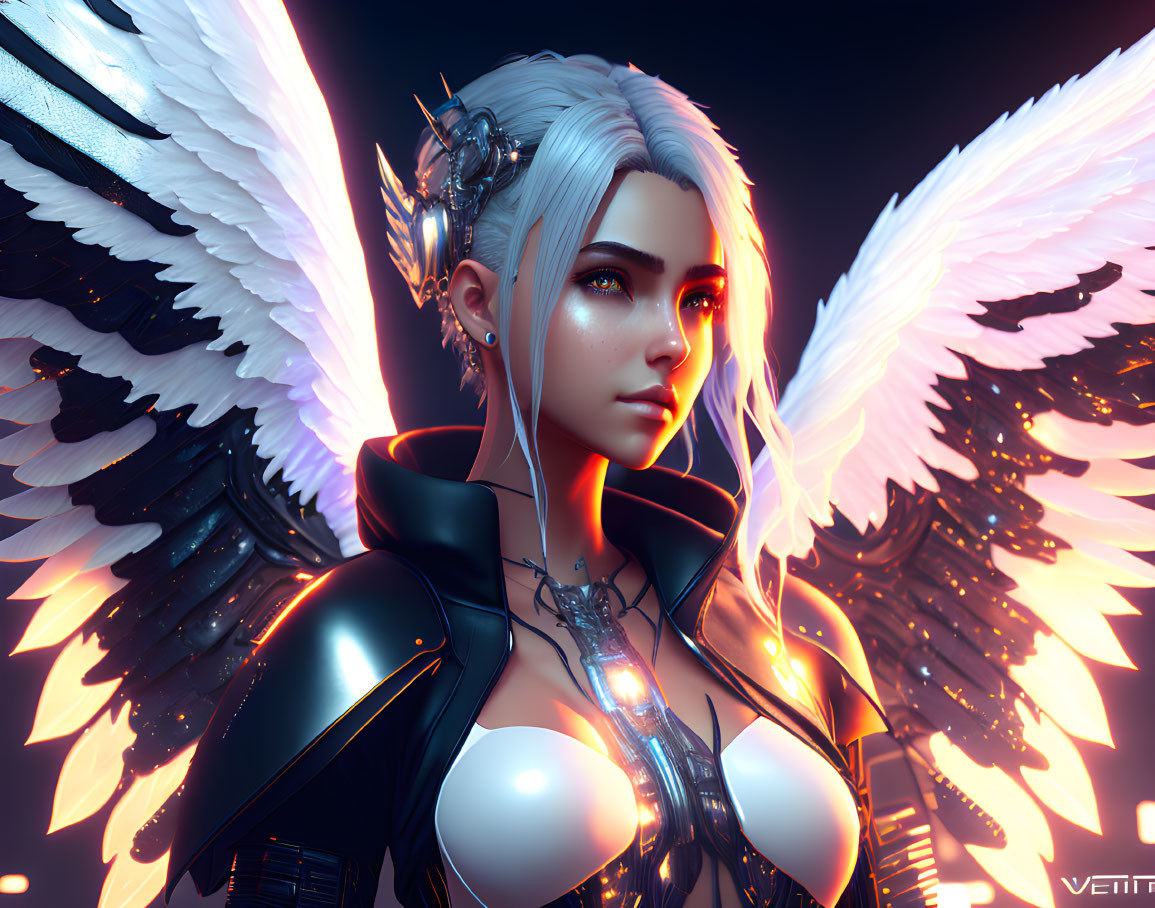 Digital artwork: Female character with white hair, glowing eyes, mechanical wings, and orange light in dark