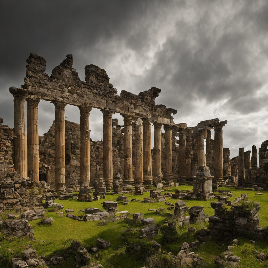 Ancient classical temple ruins with towering columns under dramatic cloudy sky