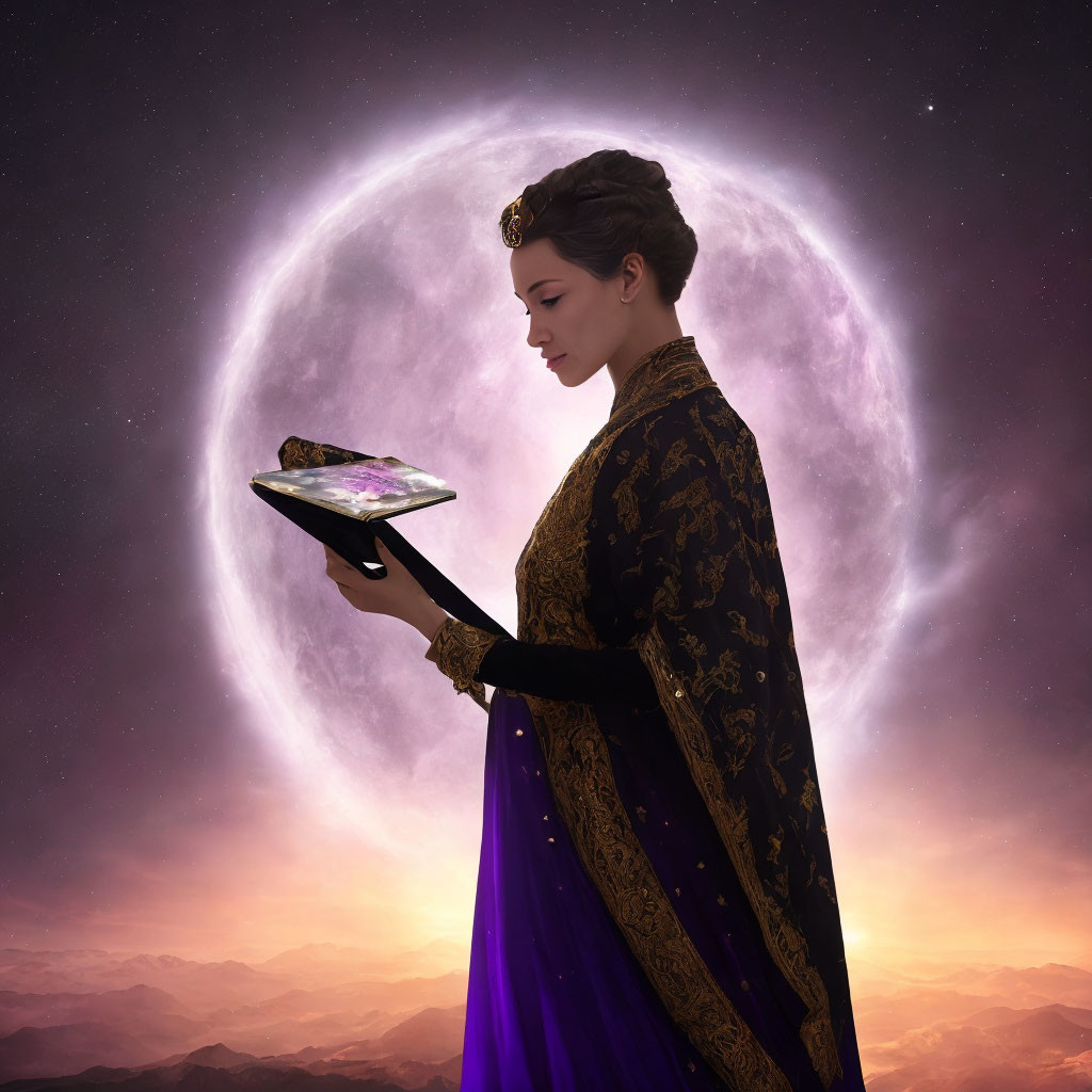 Regal woman with open book under rising moon.