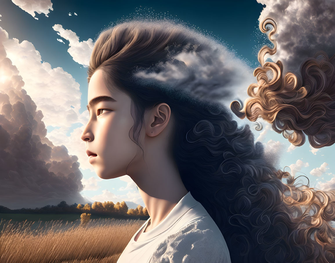 Portrait of young woman with flowing dark hair under dramatic sky