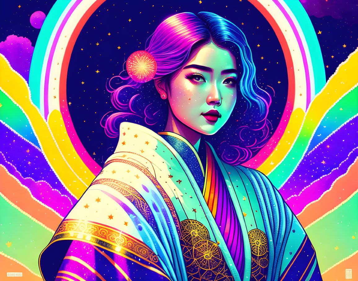 Vibrant illustration: woman with purple hair in traditional attire on cosmic backdrop.