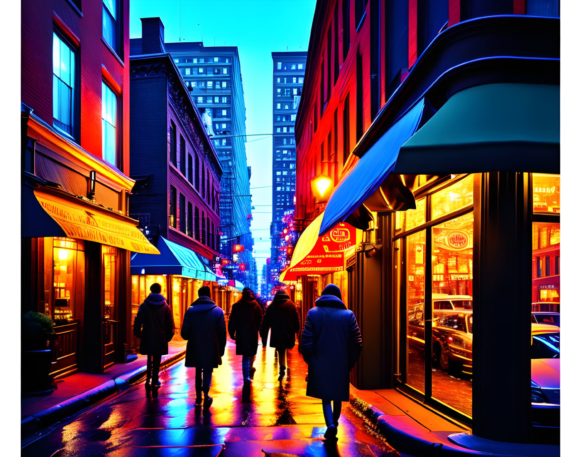 City street at dusk: rain-wetted with pedestrians, vibrant storefronts, and glowing neon signs