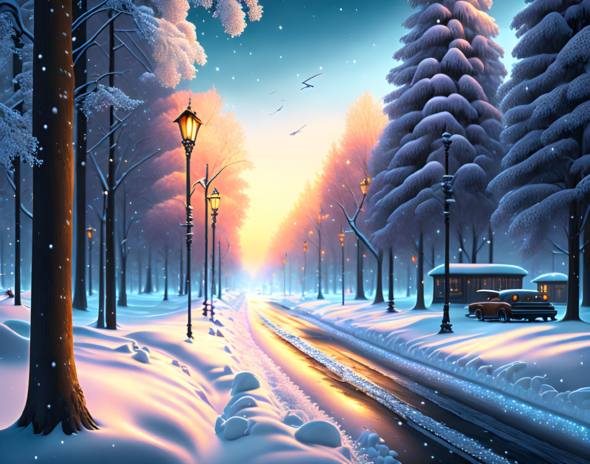 Snow-covered trees, street lamps, falling snowflakes, birds, and a bus on a snowy