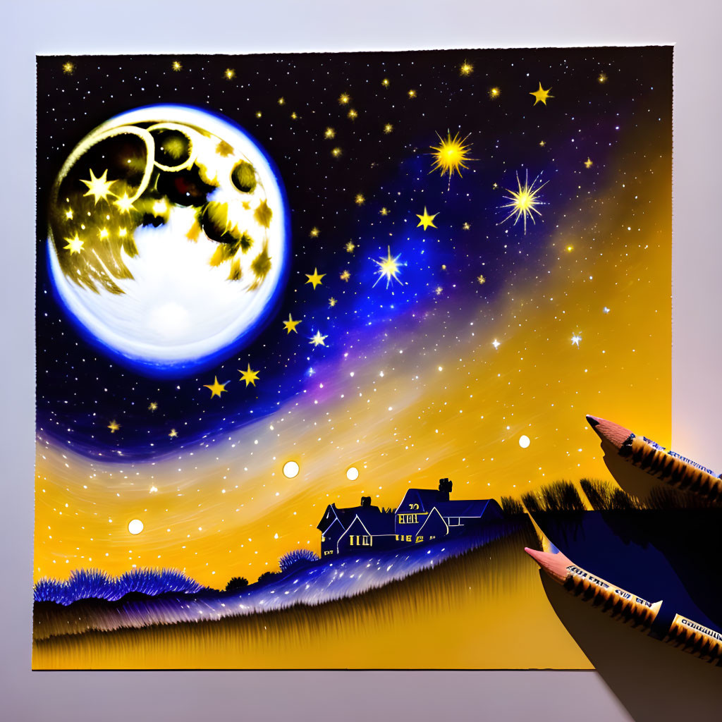 Detailed Moon Over Silhouetted House in Night Sky Illustration with Pencils mimicking Drawing