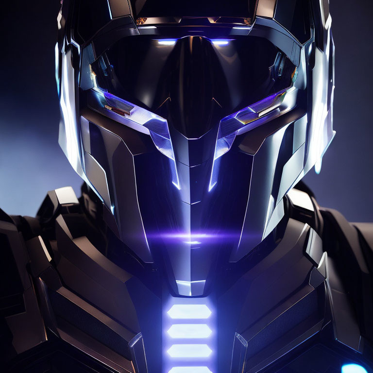 Futuristic helmet with glowing blue accents on dark background