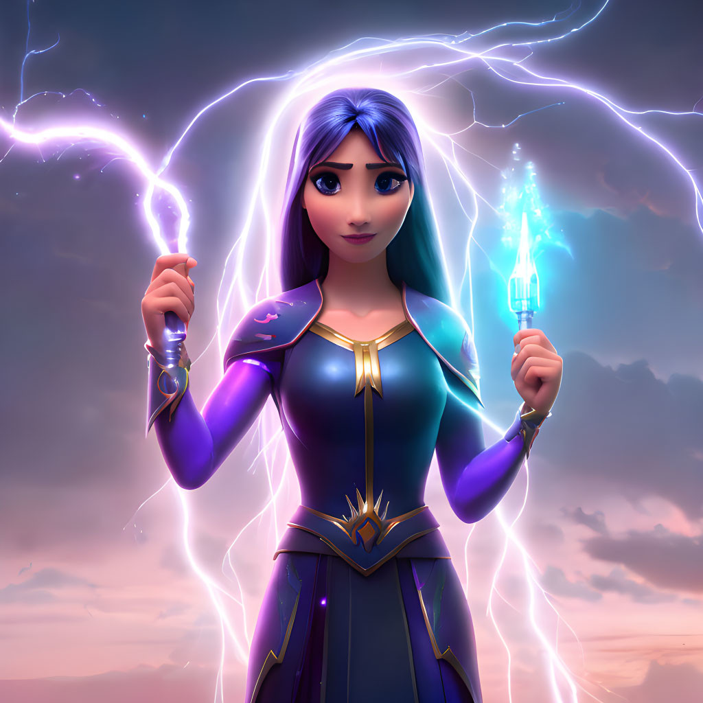 Blue-haired animated character wields magic staff amid purple lightning in dusky sky