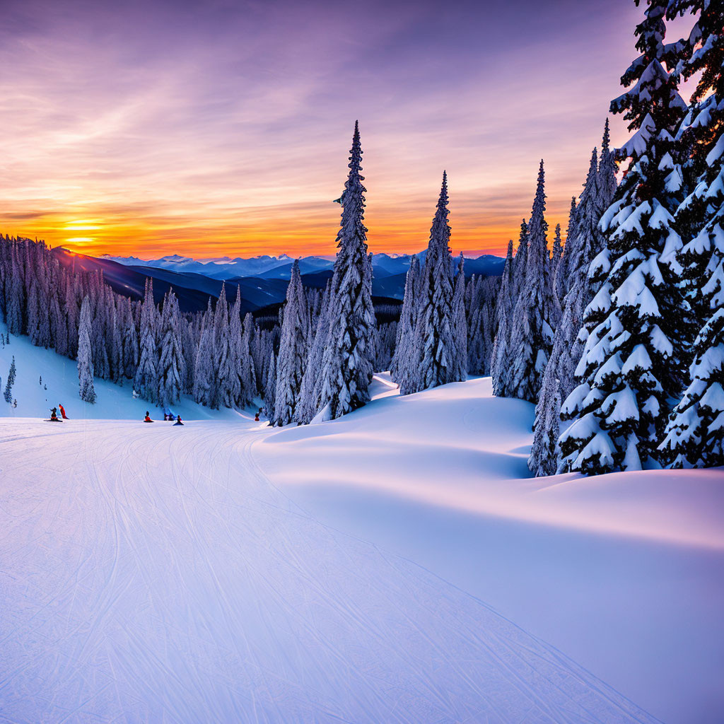 Serene Winter Sunset with Vibrant Sky Over Snow-Covered Landscape