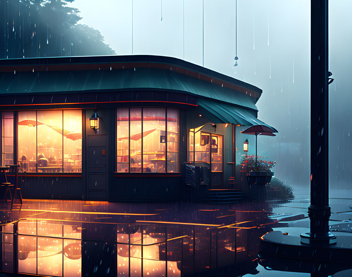 Rainy Evening Diner Illuminated by Warm Glowing Lights