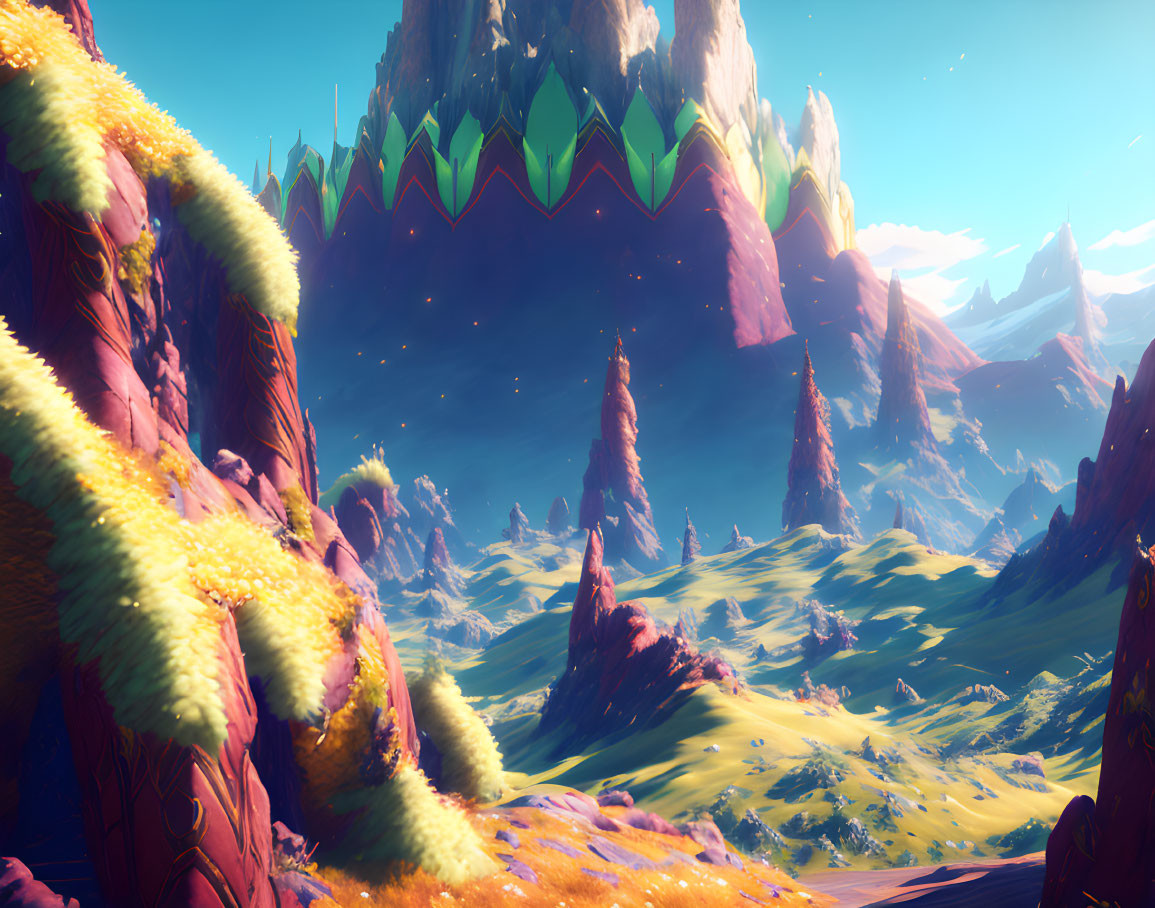 Colorful fantastical landscape with spiky rocks, green fields, and blue sky