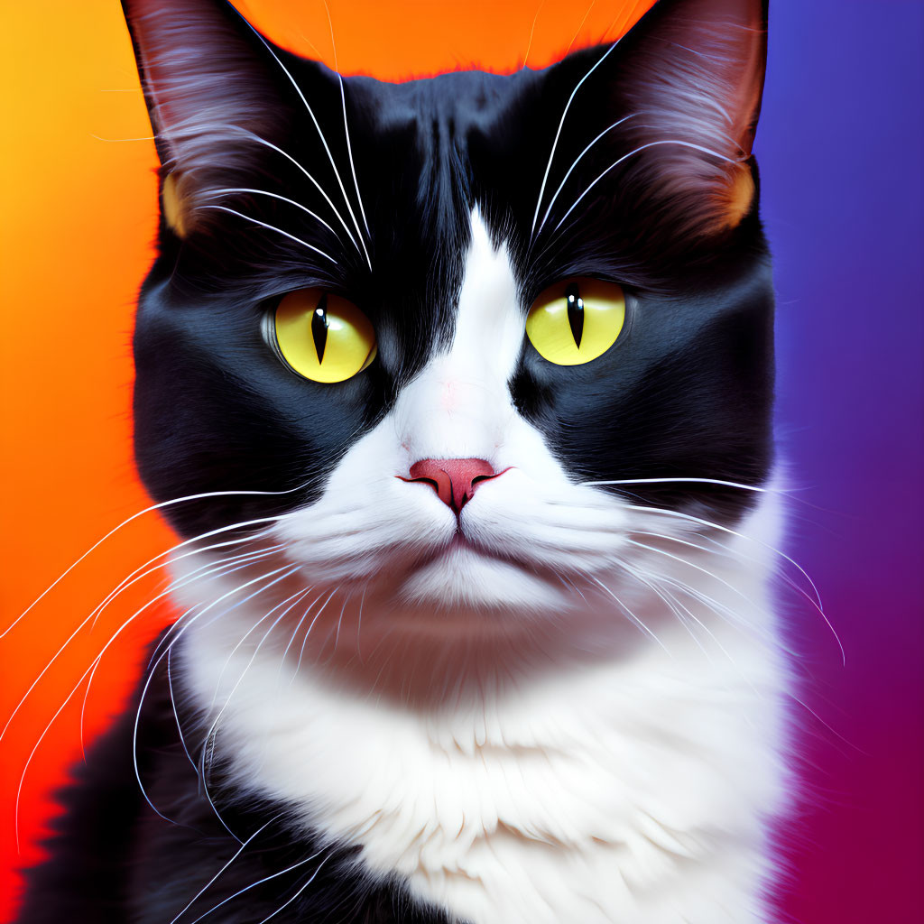 Black and White Cat with Yellow Eyes on Orange and Purple Background