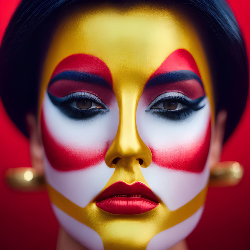 Colorful Geometric Makeup Portrait on Red Background