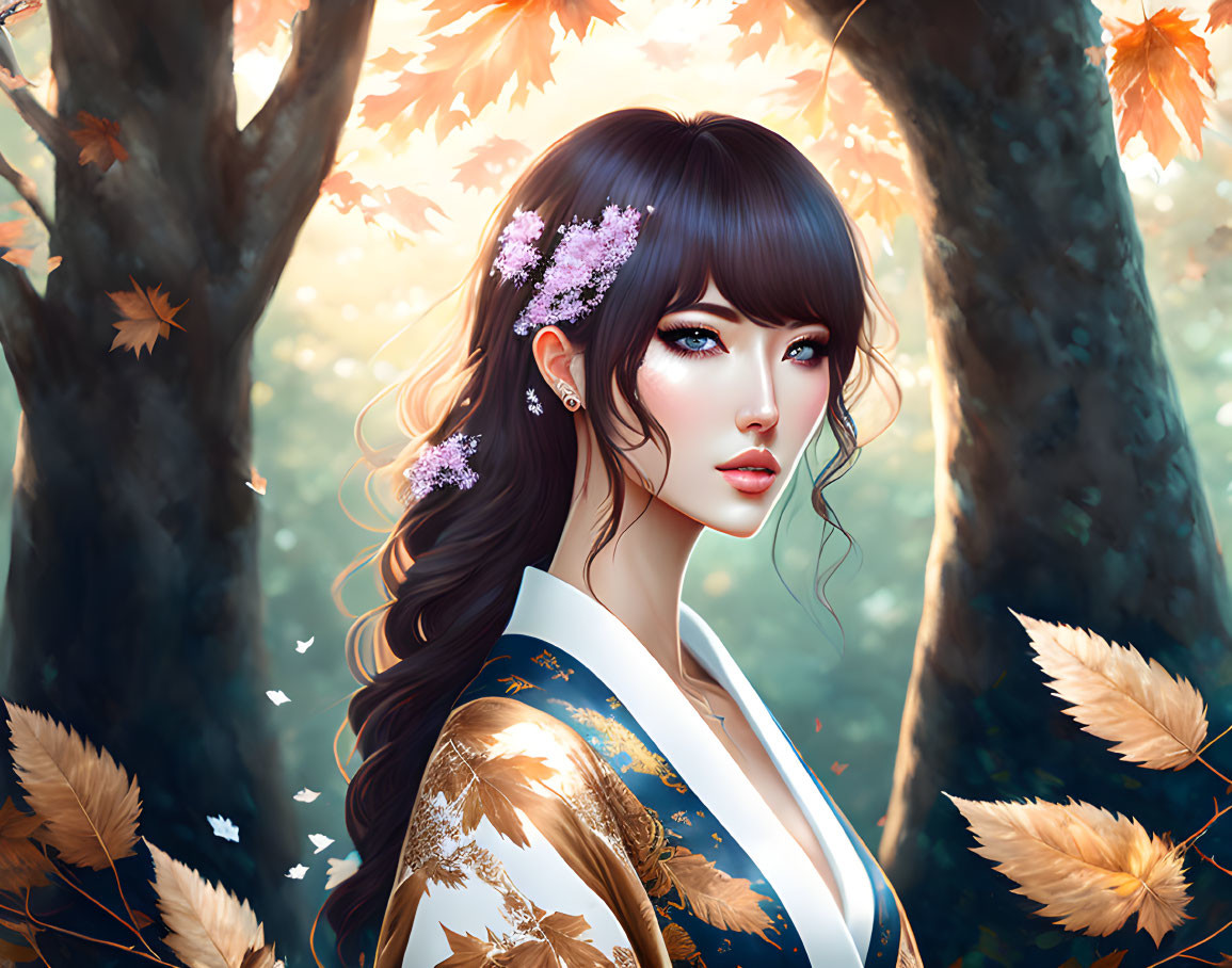 Illustrated woman with dark hair in kimono among golden autumn forest