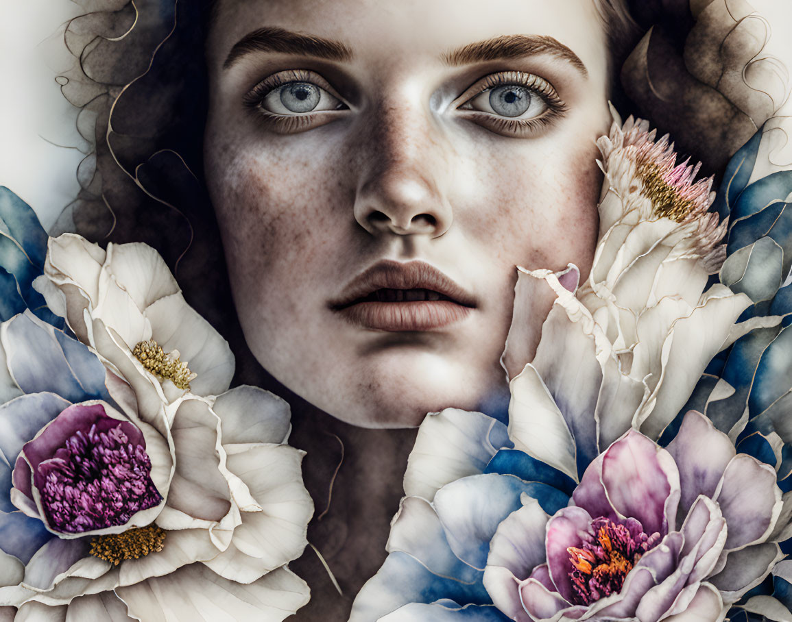 Detailed illustration of woman's face with blue eyes and freckles, surrounded by delicate flowers